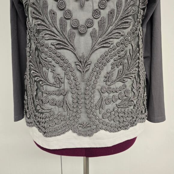 Women's Ruby Rd Gray Mixed Media Long Sleeve Crochet Front Blouse | Size Large - Picture 5 of 11